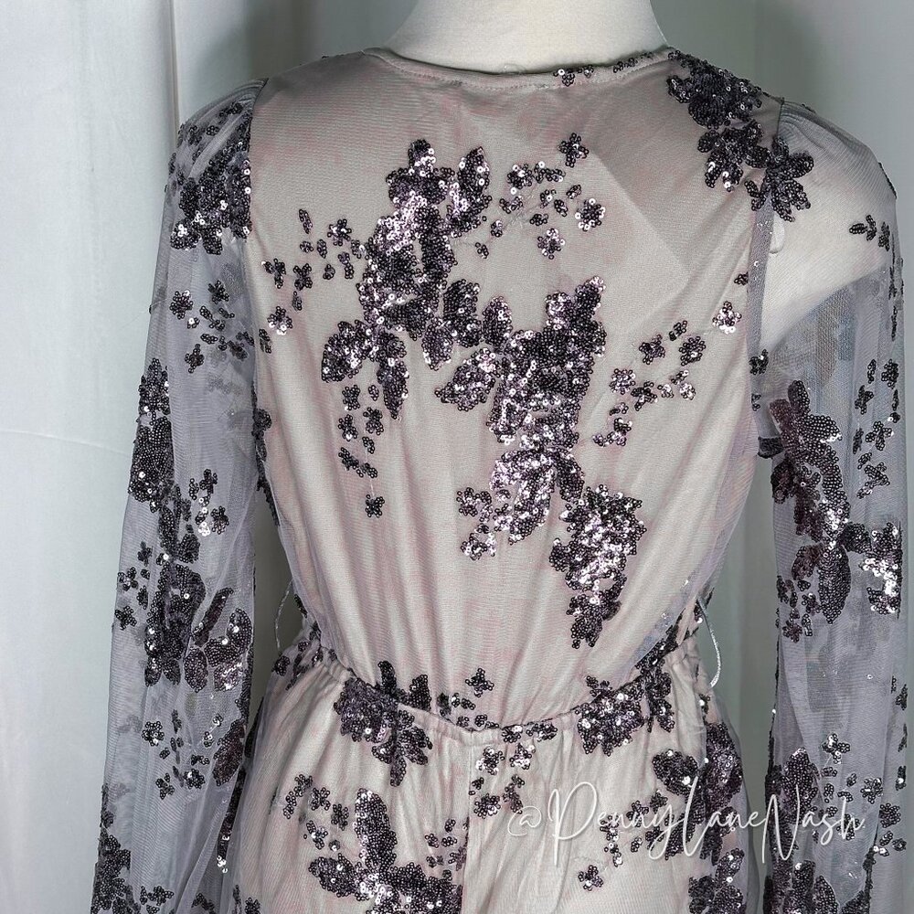 NWT L'Atiste Sheer Sleeve Sequined Deep V Neck Romper Lvander - Picture 5 of 14